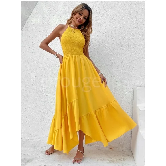 Shirred Cami Yellow Flared Maxi Long Dress Asymmetrical Hem - Picture 4 of 14